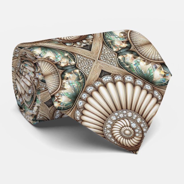 Art Deco Seashell Faux Diamond Faux Silk  Neck Tie (Rolled)
