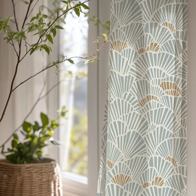 Art Deco Seashell Pattern Soft Blue and Beige Sheer Curtains (Creator Uploaded)
