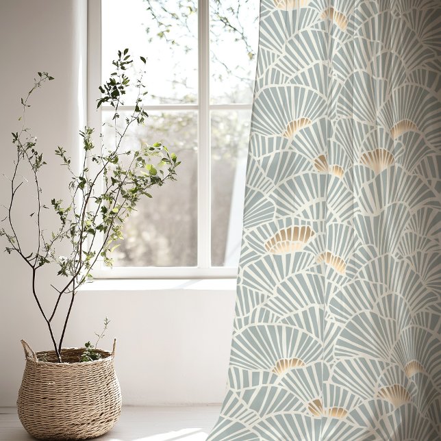 Art Deco Seashell Pattern Soft Blue and Beige Sheer Curtains (Creator Uploaded)