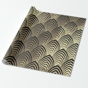 Art Deco Seashell Scales Black Sepia Gold Geometry Wrapping Paper