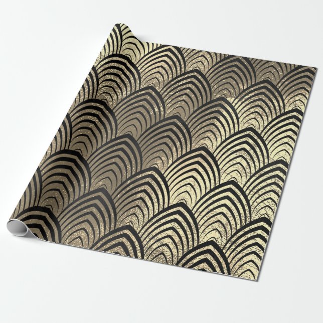 Art Deco Seashell Scales Black Sepia Gold Geometry Wrapping Paper (Unrolled)