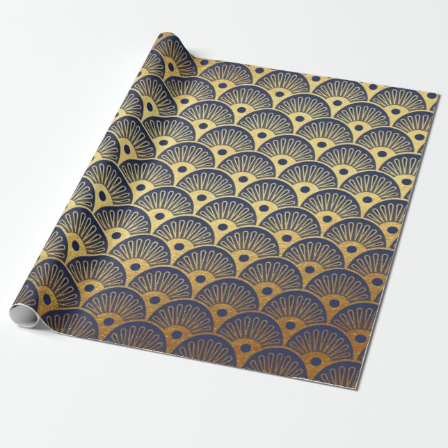 Art Deco Seashells Waves Navy Blue Vip Yacht Wrapping Paper (Unrolled)