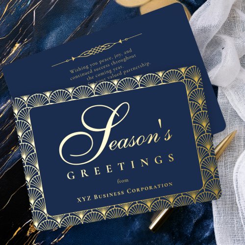 Art Deco Season's Greetings Navy Business Foil Holiday Card