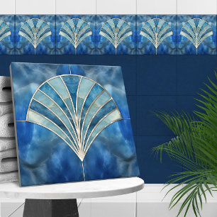 Art Deco Shell - Blue Marble & Pearl Ceramic Tile