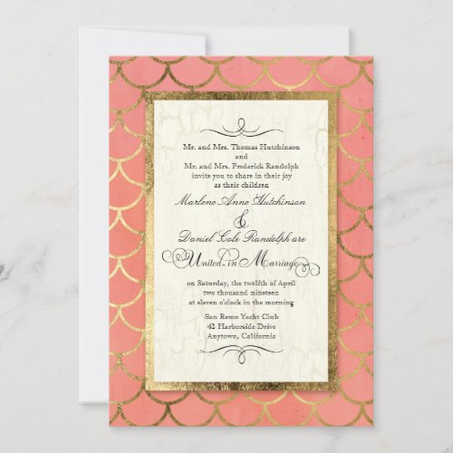 Art Deco Shell Pattern Gold Watercolor Wedding Invitation