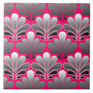 Art Deco Shell Pattern, Gray and Fuchsia Pink Ceramic Tile