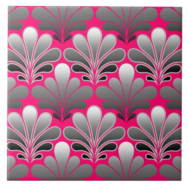 Art Deco Shell Pattern, Gray and Fuchsia Pink Ceramic Tile (Front)