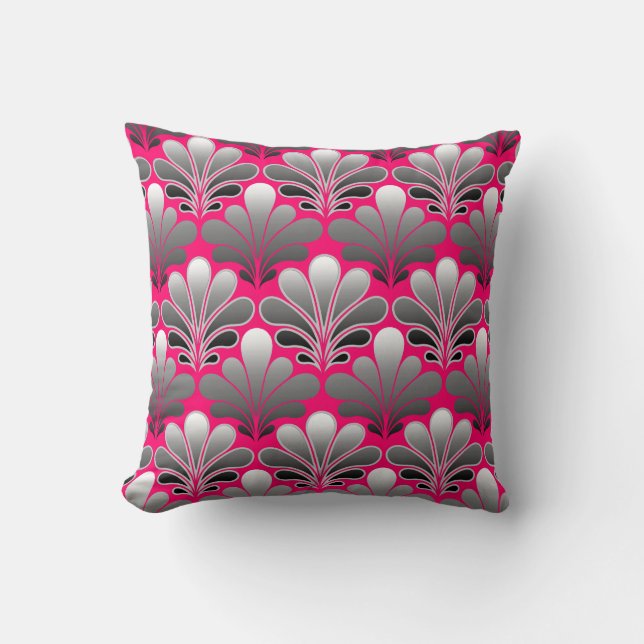 Art Deco Shell Pattern, Gray and Fuchsia Pink Throw Pillow (Front)