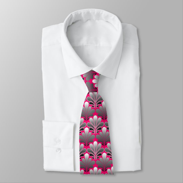 Art Deco Shell Pattern, Gray and Fuchsia Pink Tie (Tied)