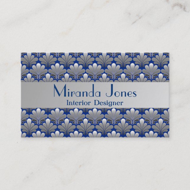 Art Deco Shell Pattern, Silver and Cobalt Blue  Bu Business Card (Front)