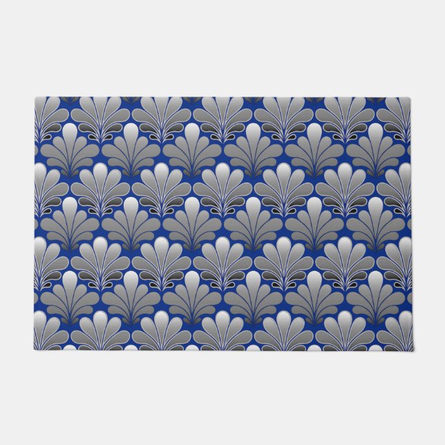 Art Deco Shell Pattern, Silver and Cobalt Blue Doo Doormat (Front)