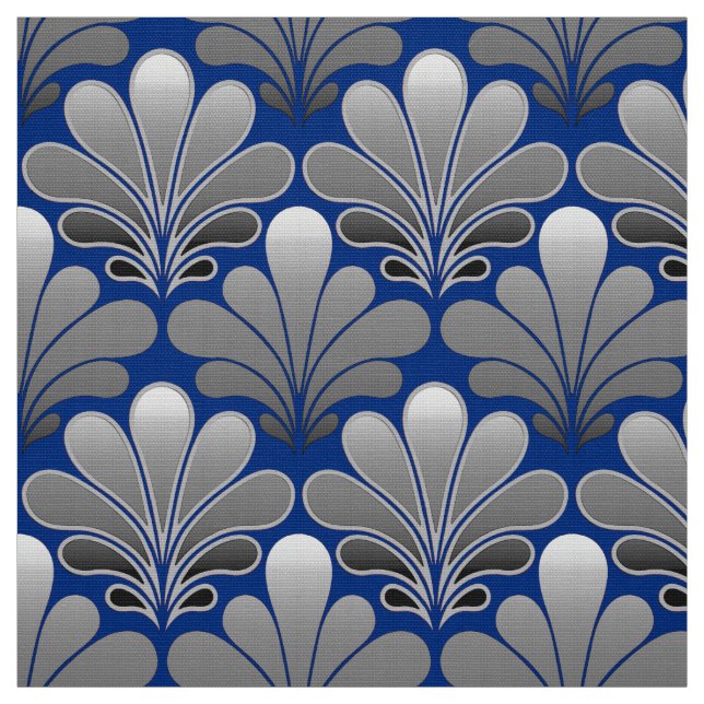 Art Deco Shell Pattern, Silver and Cobalt Blue Fabric (Swatch)