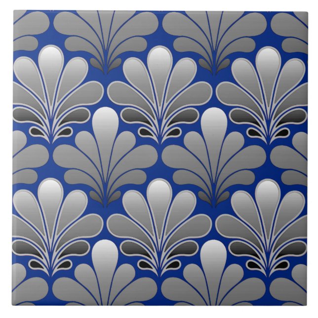 Art Deco Shell Pattern, Silver and Cobalt Blue Tile (Front)