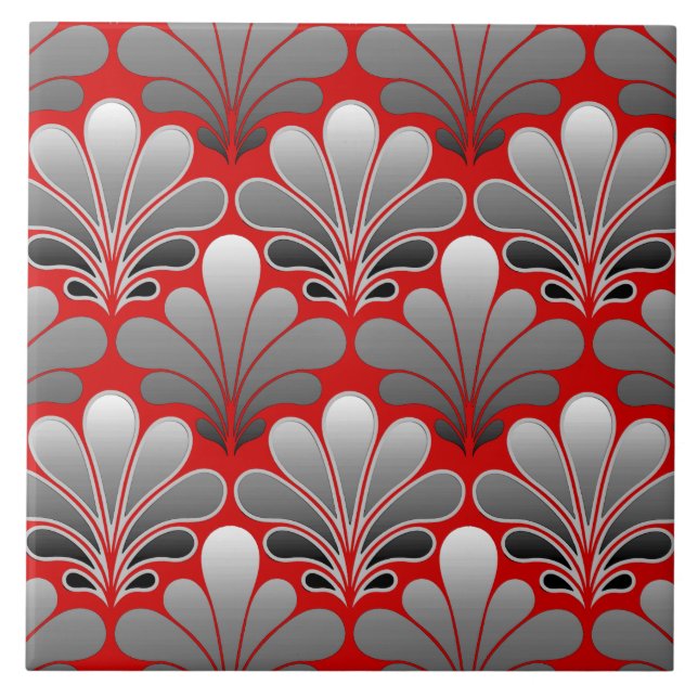 Art Deco Shell Pattern, Silver Gray / Grey and Red Ceramic Tile (Front)