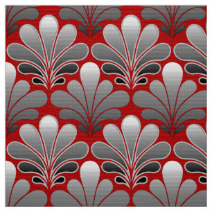 Art Deco Shell Pattern, Silver Gray / Grey and Red Fabric