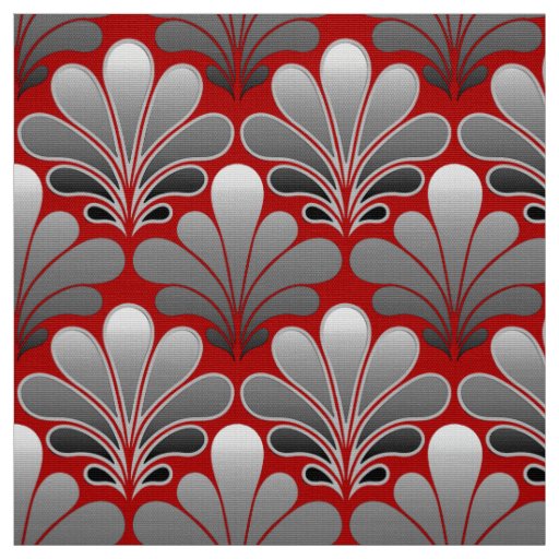 Art Deco Shell Pattern, Silver Gray / Grey and Red Fabric