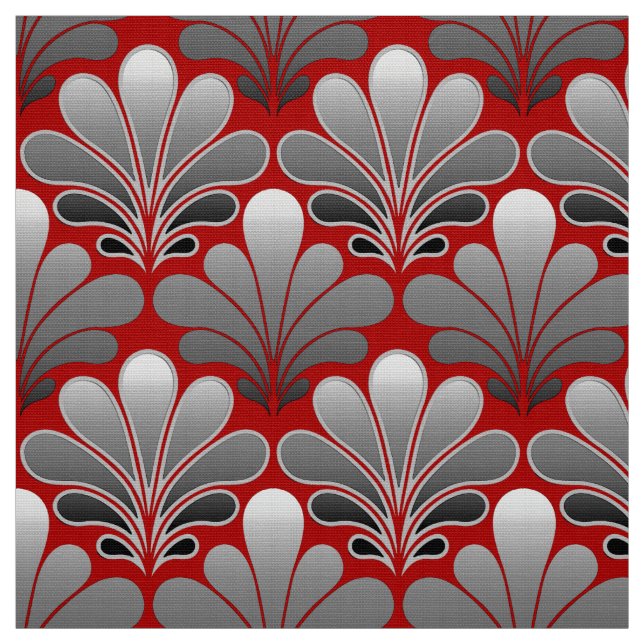Art Deco Shell Pattern, Silver Gray / Grey and Red Fabric (Swatch)