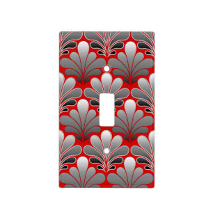 Art Deco Shell Pattern, Silver Gray / Grey and Red Light Switch Cover