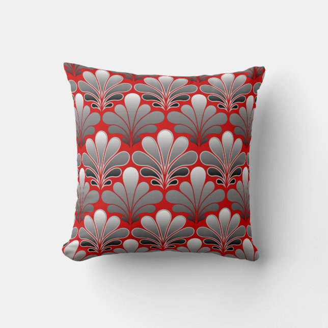 Art Deco Shell Pattern, Silver Gray / Grey and Red Throw Pillow (Front)