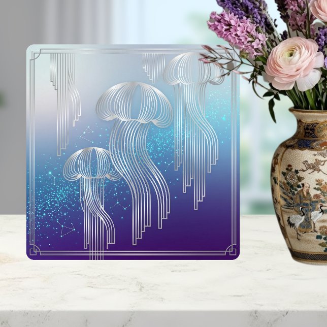 Art Deco Silver Jellyfish Ocean Gradient Ceramic Tile (Creator Uploaded)