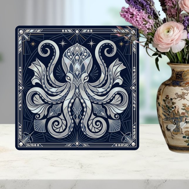 Art Deco Silver Octopus Mandala  Kraken  Ceramic Tile (Creator Uploaded)