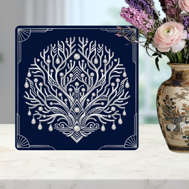 Art Deco Silver Tree Pearls Navy Marine Ceramic Tile (Creator Uploaded)