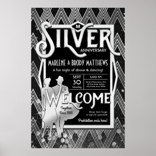 Art Deco Silver Wedding Anniversary Party Welcome Poster