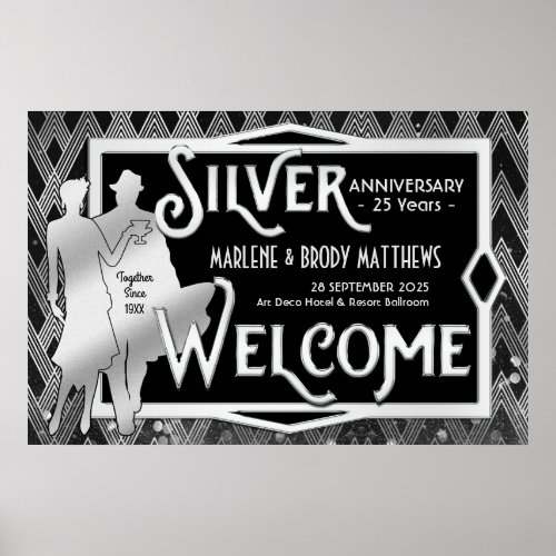 Art Deco Silver Wedding Anniversary Party Welcome Poster