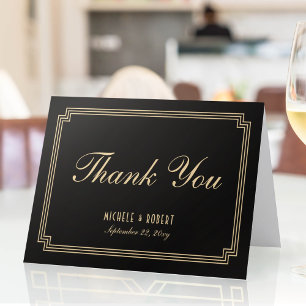 Art Deco Simple Elegant Black Gold Beige Frame Letterpress Thank You Card