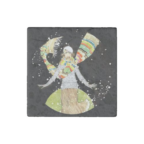 Art Deco Skater Girl in the Snow Stone Magnet