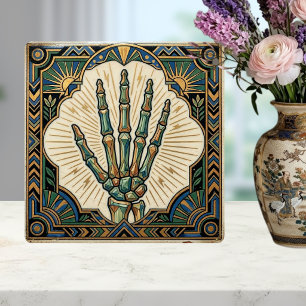 Art Deco Skeleton Hand Green Gold Geometric Design Ceramic Tile