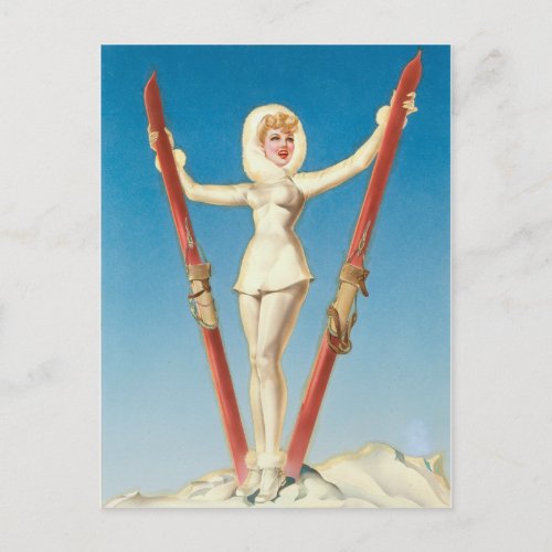Art Deco Ski Blonde Pin Up Postcard