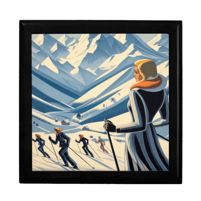 Art Deco Ski Scene Wooden Jewelry Keepsake Box (Front)