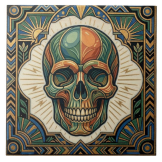 Art Deco Skull Emerald Green Orange Gold Ceramic T Tile