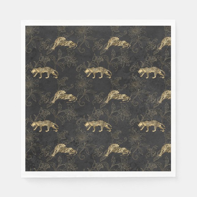 Art deco Sophisticated Black and Gold leopard Napkins (Front)