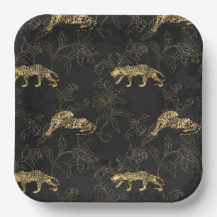 Art deco Sophisticated Black and Gold leopard  Paper Plates