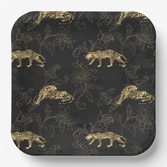 Art deco Sophisticated Black and Gold leopard  Paper Plates (Front)