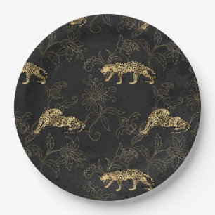 Art deco Sophisticated Black and Gold leopard  Paper Plates