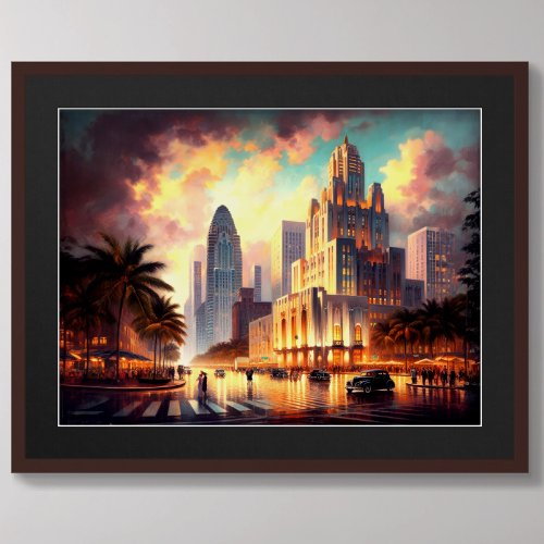 Art Deco South Florida City Skyline Scene Poster