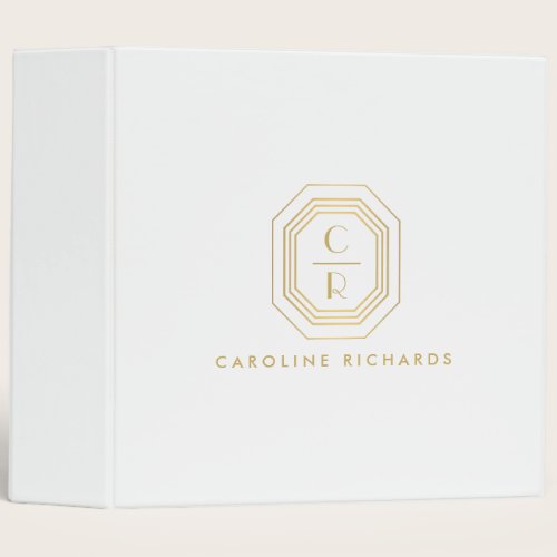 Art Deco Stacked Monogram Logo Gold/White Binder