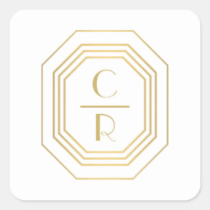 Art Deco Stacked Monogram Logo Gold/White Square Sticker