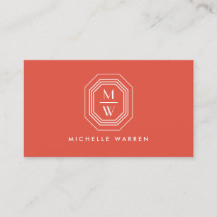 Art Deco Stacked Monogram Logo on Coral Business Card