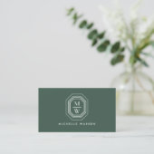Art Deco Stacked Monogram Logo on Forest Green Business Card (Standing Front)