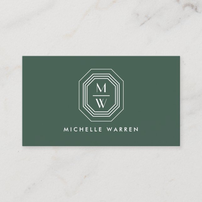 Art Deco Stacked Monogram Logo on Forest Green Business Card (Front)