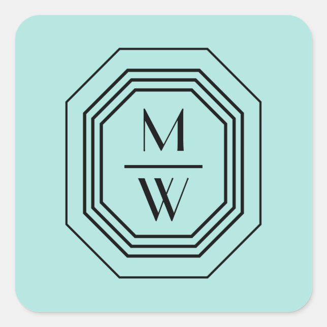 Art Deco Stacked Monogram Logo on Mint Blue/Green Square Sticker (Front)