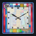 Art Deco Stained Glass 1 Square Wall Clock<br><div class="desc">10.75” x 10.75” acrylic wall clock with an image of a stained glass artwork with Art Deco flair,  reminiscent of certain 1920s works. Easy-to-read clock face on white transparent square with thin black border. See the entire This & That Clock collection in the HOME section.</div>