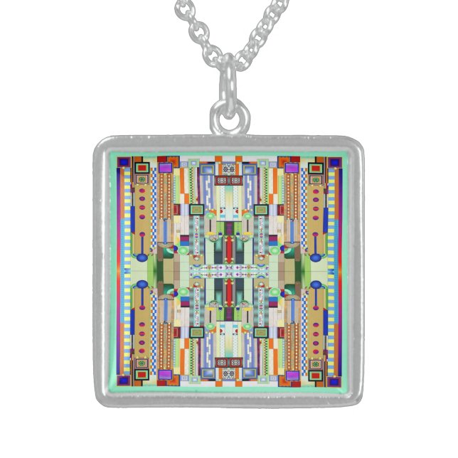 Art Deco Stained Glass 2 Sterling Silver Necklace (Front)