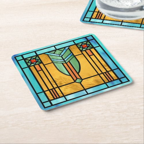 Art Deco Stained Glass 3 Square Paper Coaster