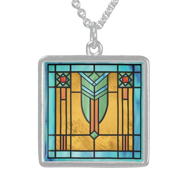 Art Deco Stained Glass 3 Sterling Silver Necklace (Front)