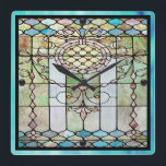 Art Deco Stained Glass 4 Square Wall Clock<br><div class="desc">10.75” x 10.75” acrylic wall clock with an image of intricate Art Deco stained glass in pink,  blue and green. Black orbs mark the 12,  3,  6,  and 9 positions. See the entire Roaring 20s Clock collection in the DECOR | Clocks section.</div>